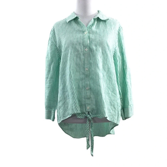 Chico's Green White Striped Button Front Shirt Womens 2 Large 12 Hi Low‎ Linen - Picture 1 of 12